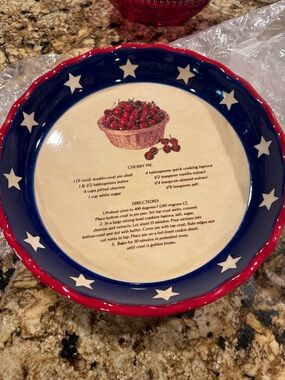 Cherry Pie plate with recipe - Red & Blue Star Pattern